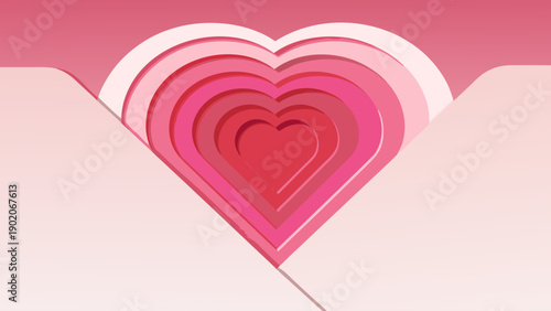 Multi layered pink heart design emerging from an envelope symbolizing love and affection in a creative layered papercraft style