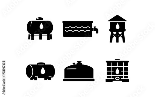Collection of six different water tank icons and symbols for storage and supply