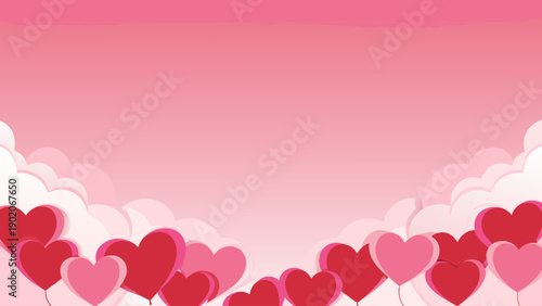 Paper hearts float upward in soft pink background with white clouds
