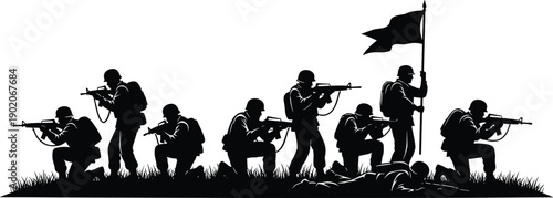 Group of soldiers with rifles and flag in silhouette military