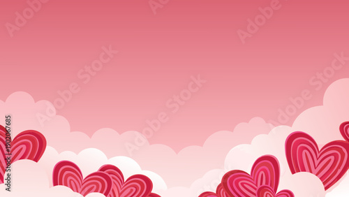 Scattered paper hearts float on soft pink clouds in a serene sky symbolizing love and affection in a whimsical romantic setting