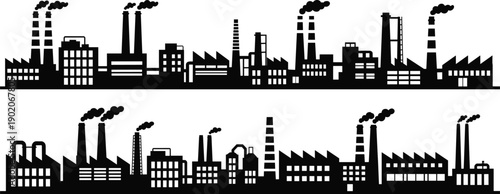 Industrial factory buildings with chimneys and smoke in black and white