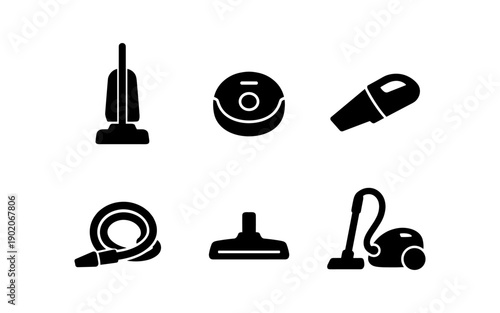 Collection of six black vacuum cleaner icons on a white background