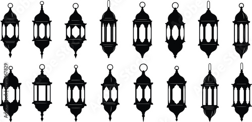 Set of black and white hanging lanterns in various styles black lantern white background lantern set