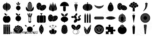 Vegetable and garden icons in a minimalist black silhouette style for digital design