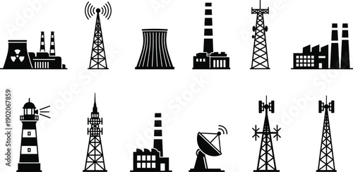 Set of black and white industrial and communication tower