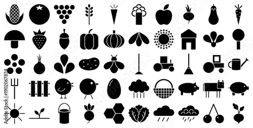 Agriculture and farming icons in a minimalist black filled glyph style for rural design projects