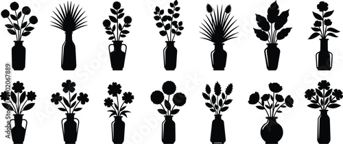 Set of black and white floral arrangements in vases flowers bouquet