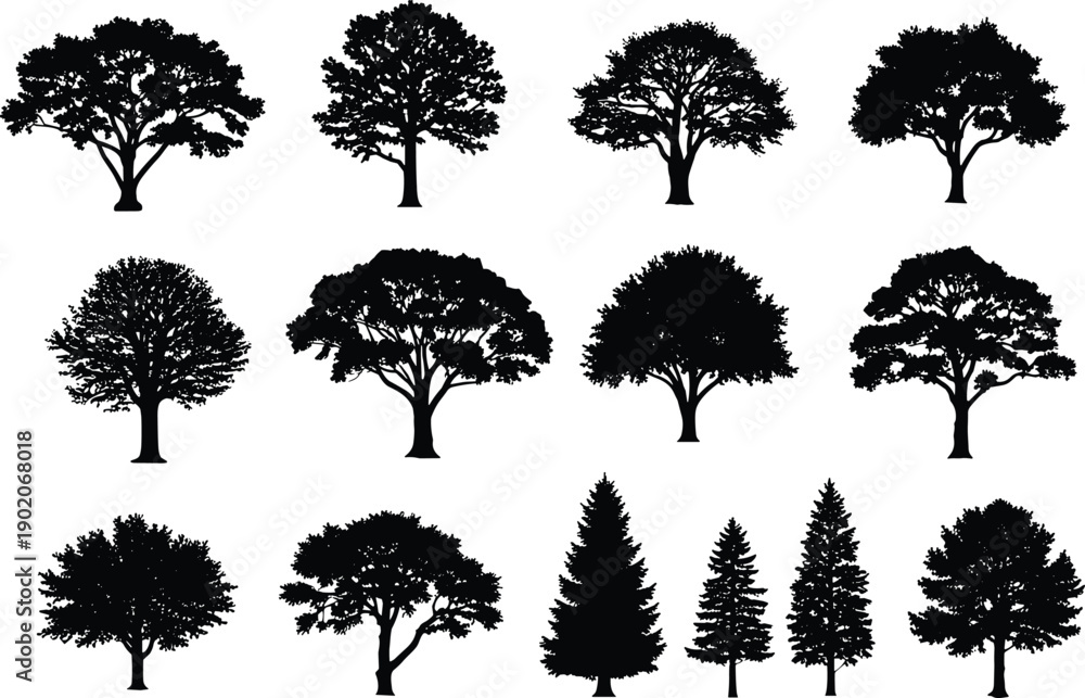 Fototapeta premium Set of black and white tree silhouettes in various shapes and sizes trees 1