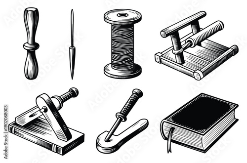 Engraved illustrations of bookbinding tools: awl, needle, thread spool, press, clamp, and a closed book.