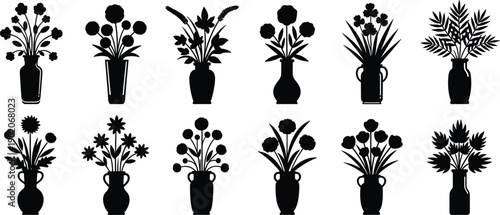 Set of black and white vase with flowers bouquet floral
