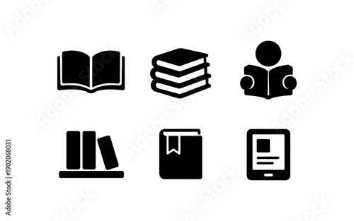 Collection of six black icons representing different aspects of reading and books