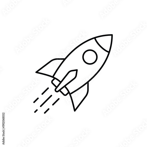 simple line icon of a rocket ship taking off with exhaust flames, symbolizing launch, startup, speed, and progress