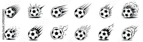 Set of stylized black and white soccer ball icons showcasing intense motion, speed, and energetic sports action.