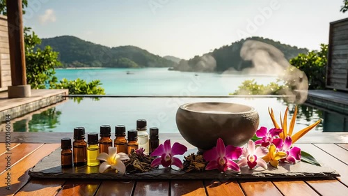 Wallpaper Mural Relaxing spa scene with essential oils and tropical flowers by the pool. Torontodigital.ca