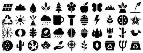 Nature and ecology icons in a black filled silhouette style featuring plants and weather elements