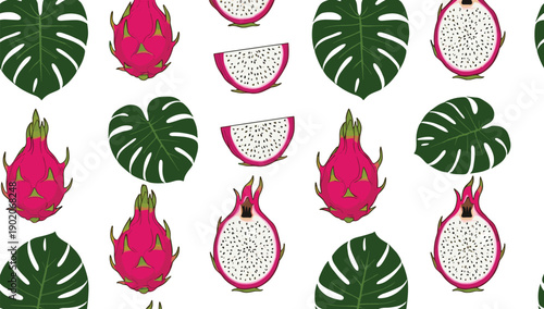 Seamless dragon fruit and monstera leaf vector pattern with tropical pink fruit and green botanical foliage for modern textile or packaging design
