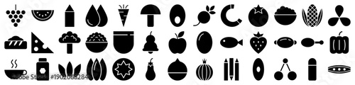 Food and grocery icons in a minimalist black filled glyph style for healthy diet apps
