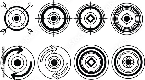 Set of eight circular target with arrows and geometric shapes