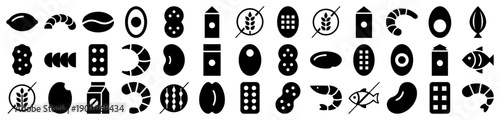 Food allergen icons featuring black silhouette symbols for dietary restrictions and common ingredients