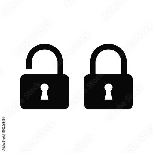 set of two black padlock icons, one open and one closed, representing security, access, and privacy concepts