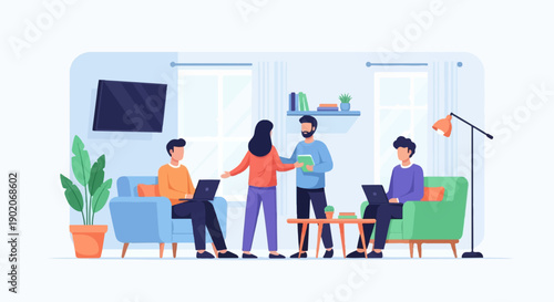 Four people collaborate in a modern, casual office setting