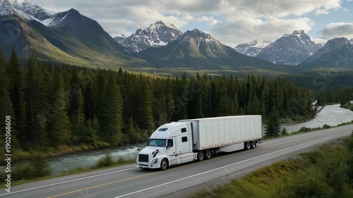 White semi truck driving on mountain highway with forest river and snowy peaks scenic landscape