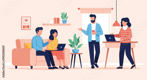 Four people collaborate in a modern, minimal office space