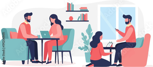 Four people collaborate on laptops and phones in a modern living room