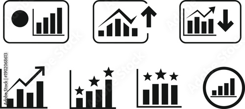 Set of six black and white bar chart with upward and downward trends upward trend