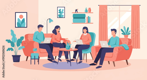 Four people collaborate on laptops in a cozy living room setting