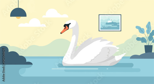 Flat illustration of a swan floating on tranquil blue water, pale yellow sky