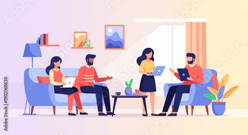 Four people collaborate on laptops in a modern, colorful living room setting