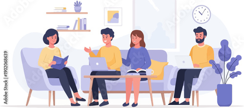 Four people collaborating and relaxing in a cozy room