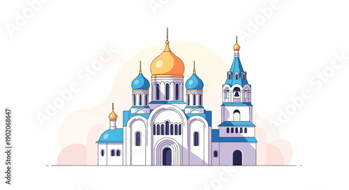 Flat illustration of a white church with blue and gold domes and a bell tower