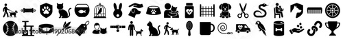 Pet care and animal icons in a black filled silhouette style for veterinary or pet shop designs.
