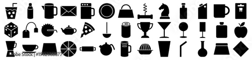 Kitchen and drink icons in a solid black minimalist glyph style for web and mobile interfaces