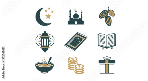 Icônes de Symboles Minimalistes du Ramadan or Sarcelle