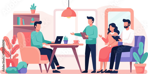 Four people collaborating in a modern office with plants and furniture