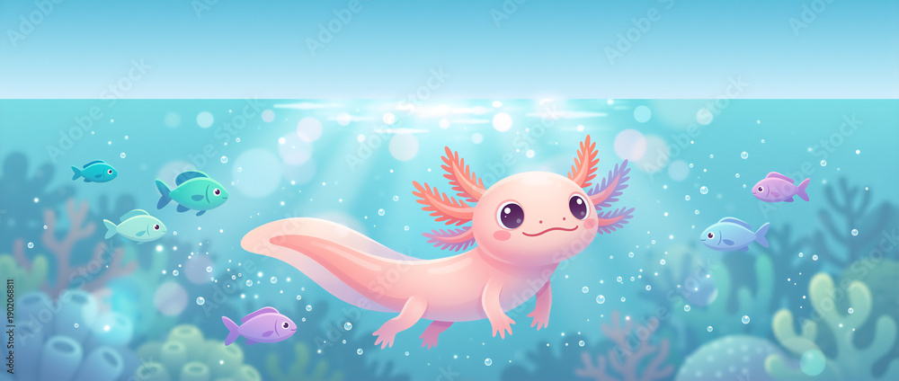 Obraz premium Cute pink axolotl swimming underwater in a coral reef. Cartoon illustration of a smiling mexican walking fish with colorful fish and bubbles. Vibrant marine life background with copy space
