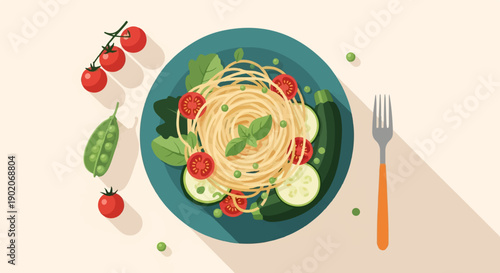 Flat illustration of pasta with fresh vegetables on a teal plate, next to a fork