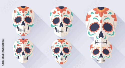 Five colorful decorative skulls with floral patterns, flat design
