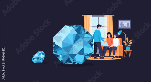 Flat illustration of people gathered around a large diamond in a living room