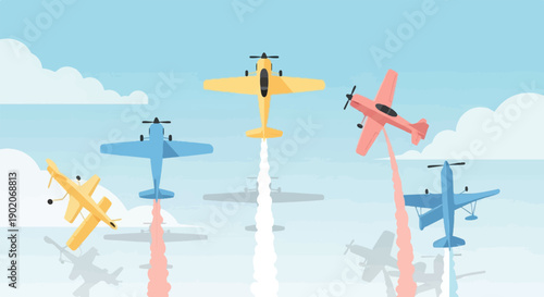 Five colorful vintage propeller planes perform aerobatics against a blue sky