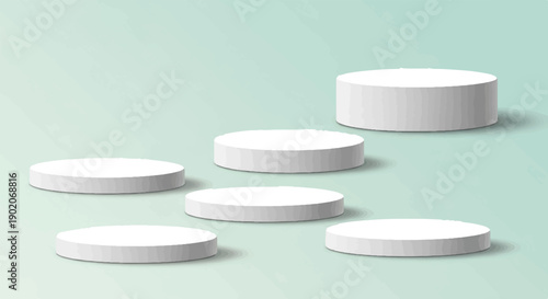 Five cylindrical platforms arranged in a stepped pattern on a light green background