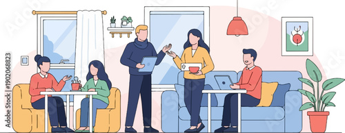 Flat illustration of people interacting in a living room with drinks and laptops
