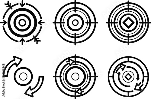Set of six target with arrows and geometric shapes circle concentric