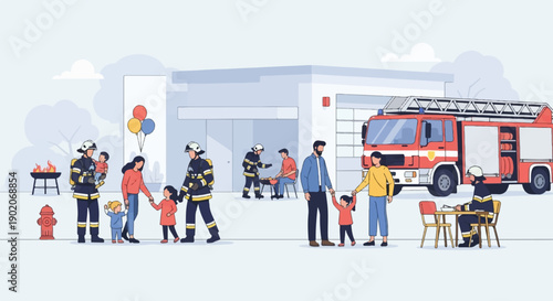 Firefighters interact with community members outside a fire station