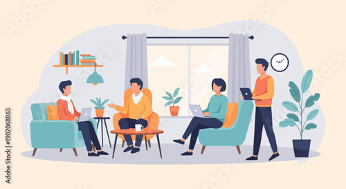 Four people in a cozy room, some working on laptops, others conversing