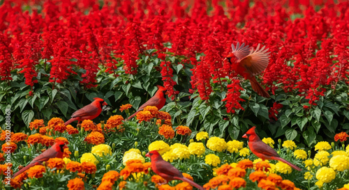 Five cardinals perched and flying amidst vibrant red and orange flowers
